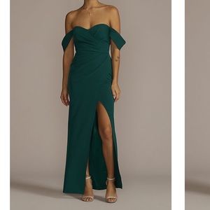 Davids Bridal Stretch Crepe off the shoulder bridesmaid dress